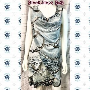 Nautical design grayish blue/tan/white sleeveless mid length dress by Mesmerize